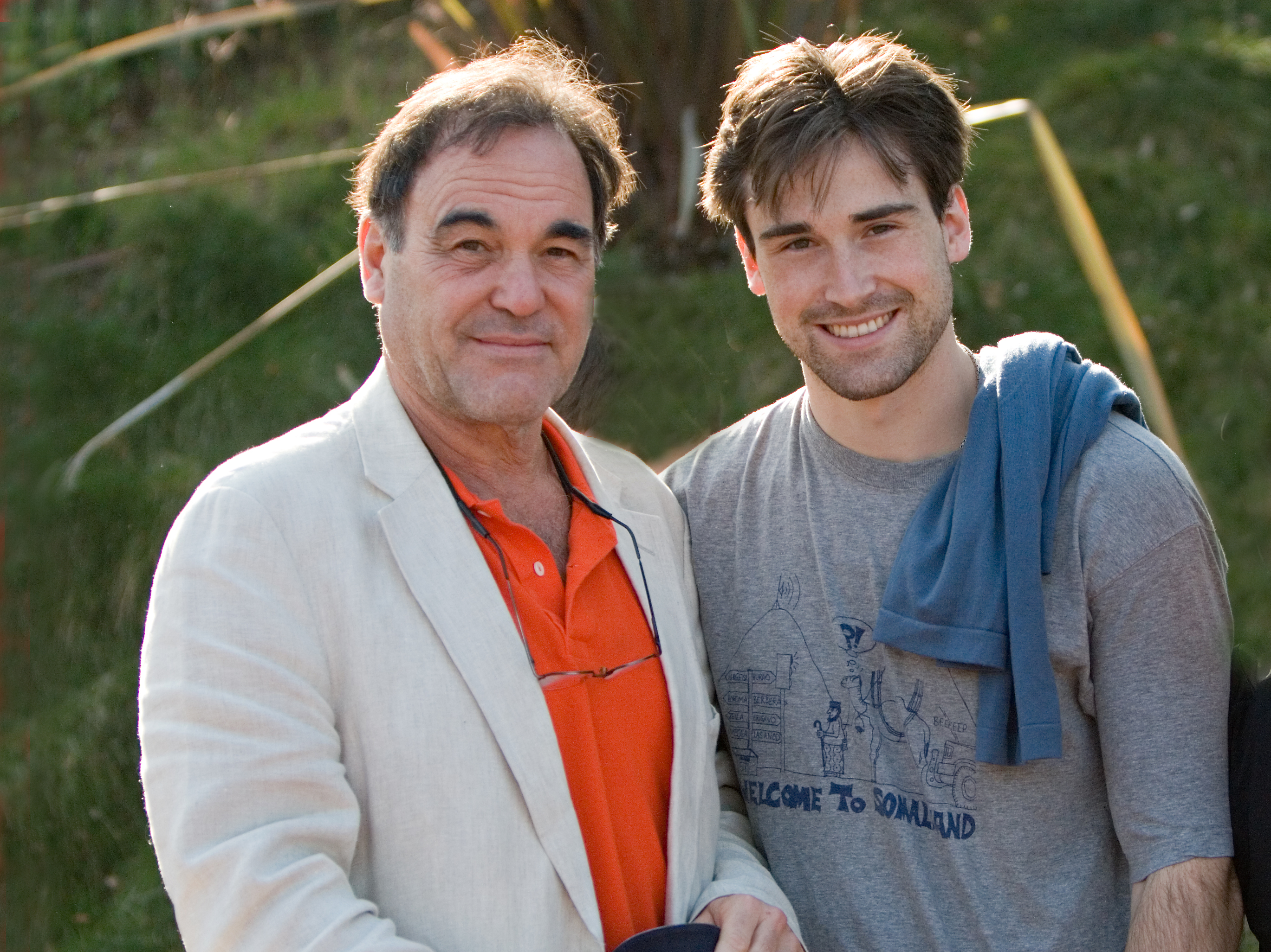 l-r) Oliver Stone and Sean Stone on the set of "GREYSTONE PARK." 